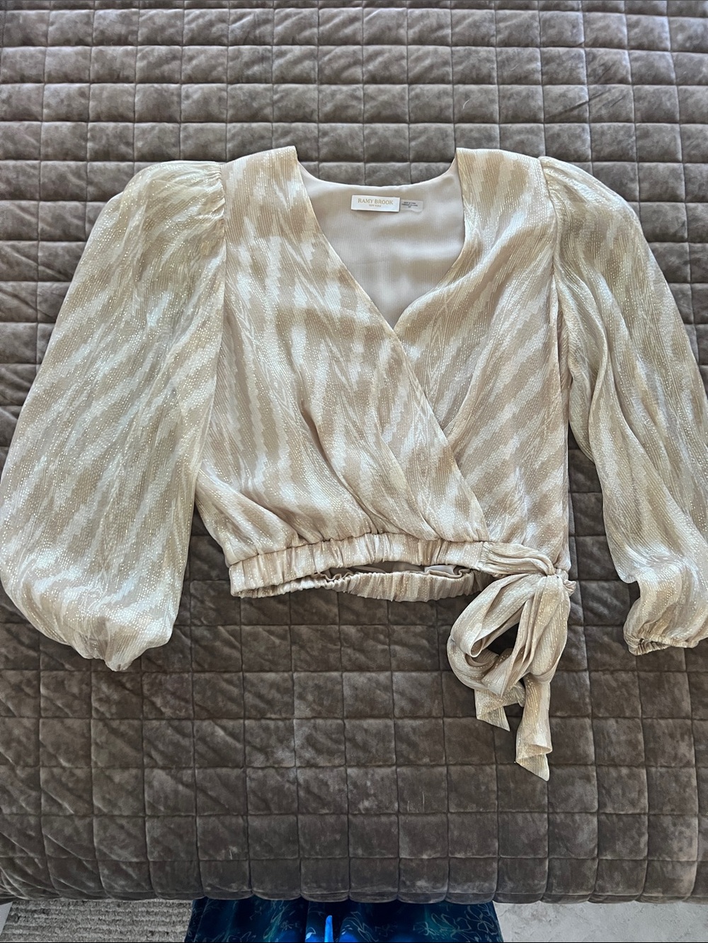 Ramy Brook Champagne Shimmer Wrap Crop Top with Puff Sleeves